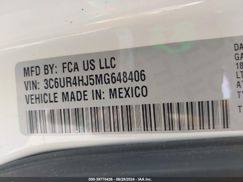 2021 Ram 2500 Tradesman 4X2 8' Box VIN: 3C6UR4HJ5MG648406 Lot: 39770426