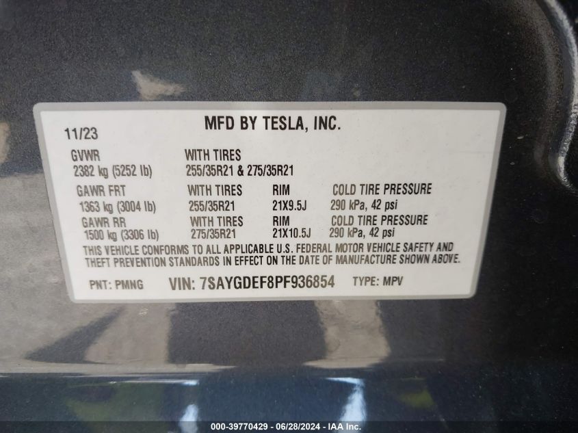 2023 Tesla Model Y Awd/Performance Dual Motor All-Wheel Drive VIN: 7SAYGDEF8PF936854 Lot: 39770429