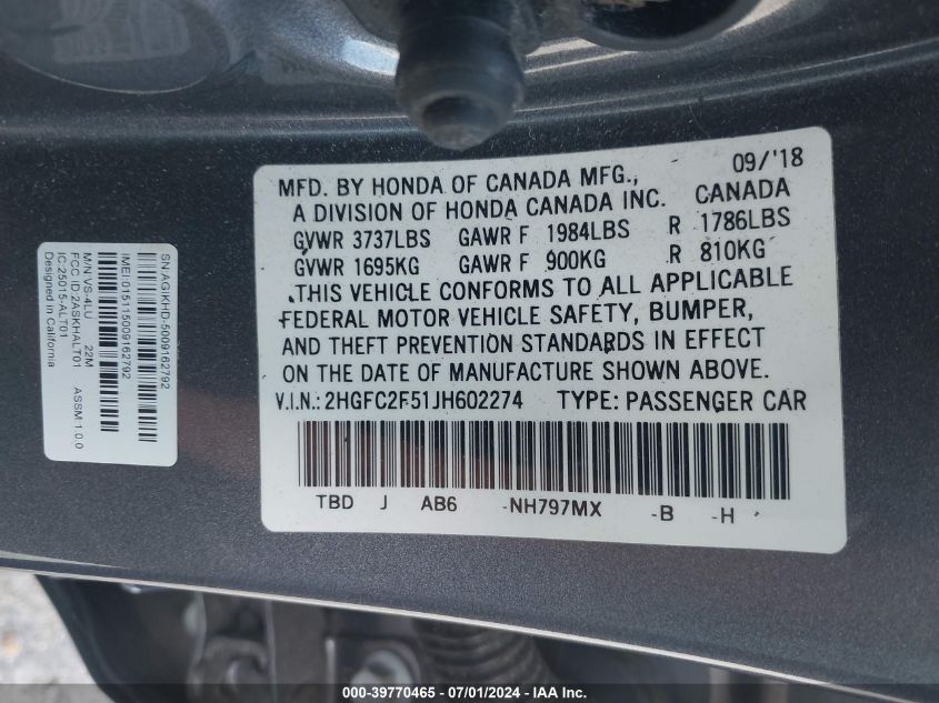 2018 Honda Civic Lx VIN: 2HGFC2F51JH602274 Lot: 39770465