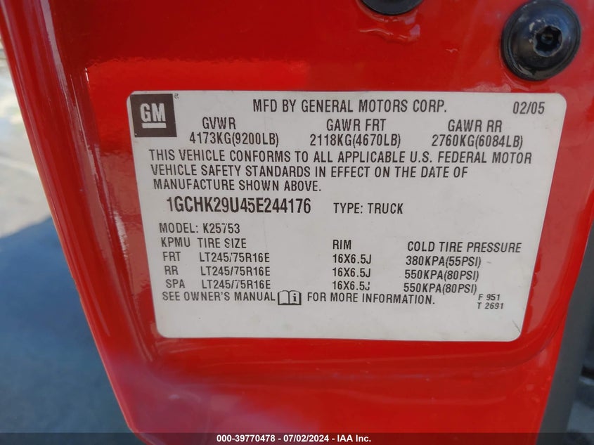 2005 Chevrolet Silverado K2500 Heavy Duty VIN: 1GCHK29U45E244176 Lot: 39770478