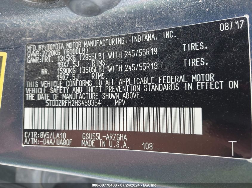 2017 Toyota Highlander Limited/Ltd Platinum VIN: 5TDDZRFH2HS459354 Lot: 39770488