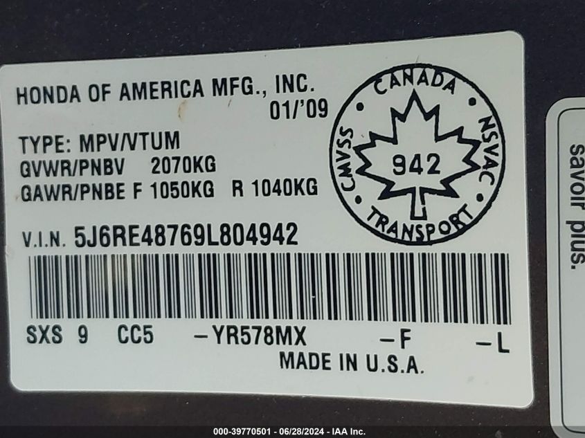 2009 Honda Cr-V Ex-L VIN: 5J6RE48769L804942 Lot: 39770501
