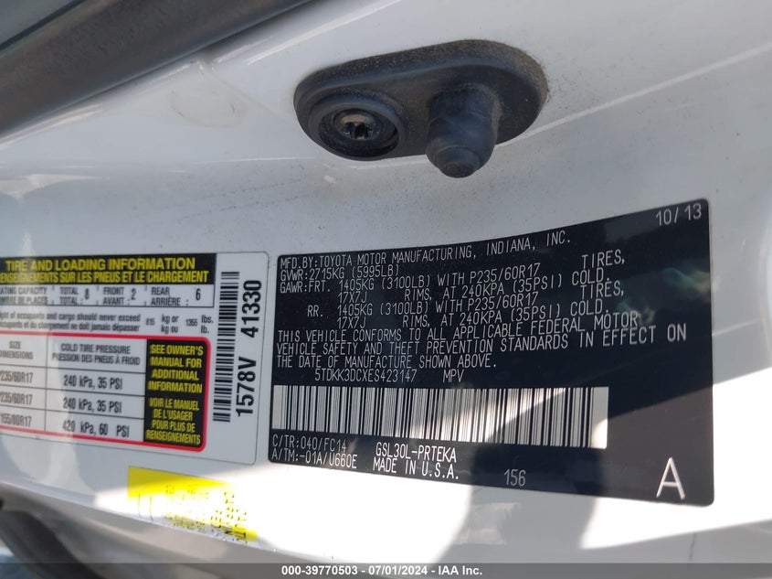 2014 Toyota Sienna Le V6 8 Passenger VIN: 5TDKK3DCXES423147 Lot: 39770503