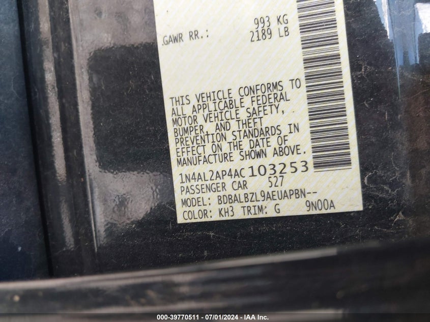 2010 Nissan Altima 2.5 S VIN: 1N4AL2AP4AC103253 Lot: 39770511