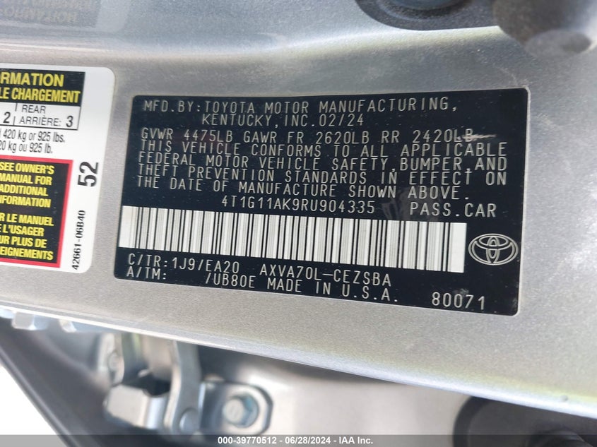 2024 TOYOTA CAMRY SE - 4T1G11AK9RU904335