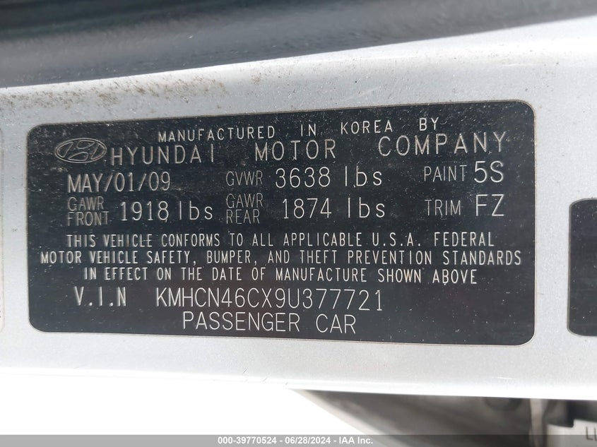 2009 Hyundai Accent Gls VIN: KMHCN46CX9U377721 Lot: 39770524