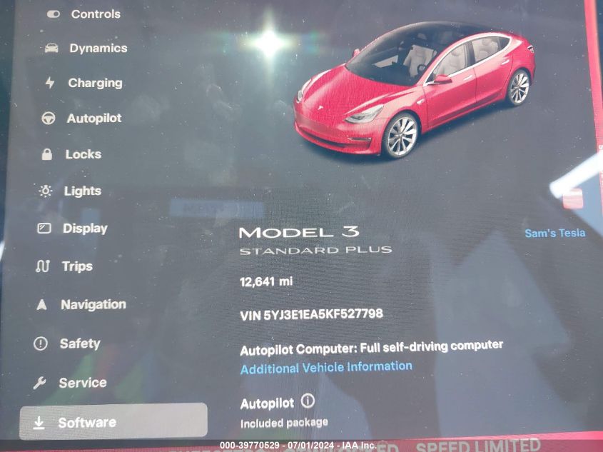 2019 Tesla Model 3 Long Range/Mid Range/Standard Range/Standard Range Plus VIN: 5YJ3E1EA5KF527798 Lot: 39770529