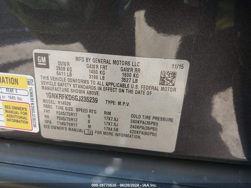 2016 Chevrolet Traverse Ls VIN: 1GNKRFKD6GJ235239 Lot: 39770535