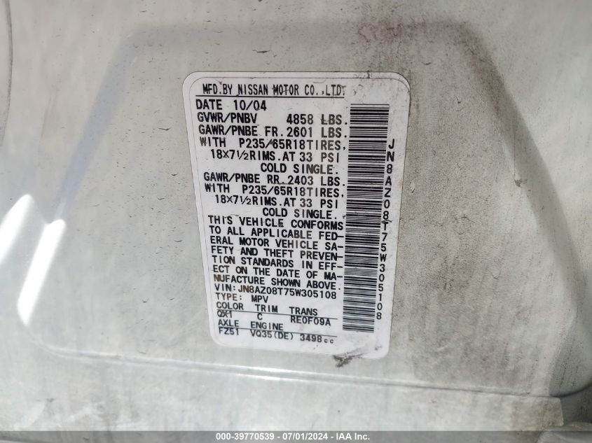 2005 Nissan Murano S VIN: JN8AZ08T75W305108 Lot: 39770539