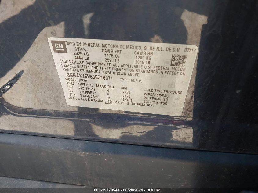 2018 Chevrolet Equinox Lt VIN: 3GNAXJEV5JS515071 Lot: 39770544