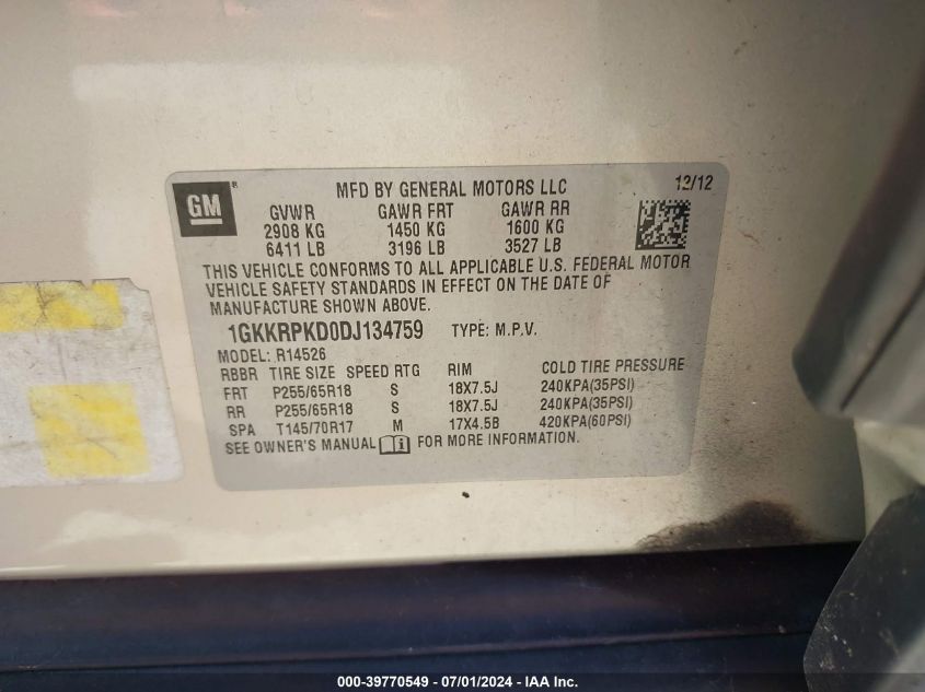 2013 GMC Acadia Sle-2 VIN: 1GKKRPKD0DJ134759 Lot: 39770549
