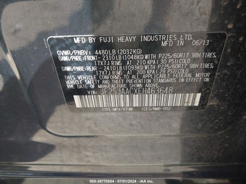 2014 Subaru Forester 2.5I VIN: JF2SJAACXEH463648 Lot: 39770554
