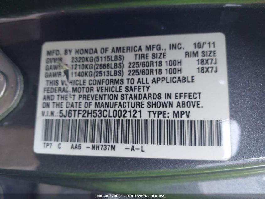 2012 Honda Crosstour Ex-L VIN: 5J6TF2H53CL002121 Lot: 39770561
