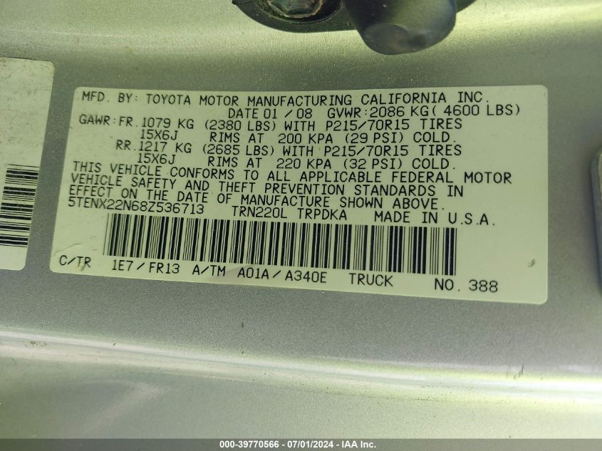 2008 Toyota Tacoma VIN: 5TENX22N68Z536713 Lot: 39770566