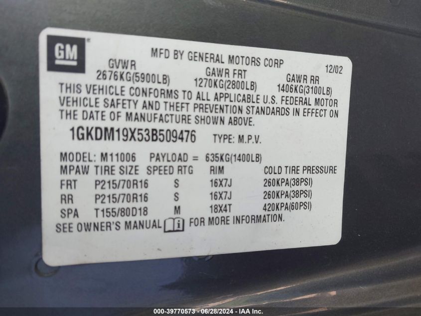 2003 GMC Safari VIN: 1GKDM19X53B509476 Lot: 39770573