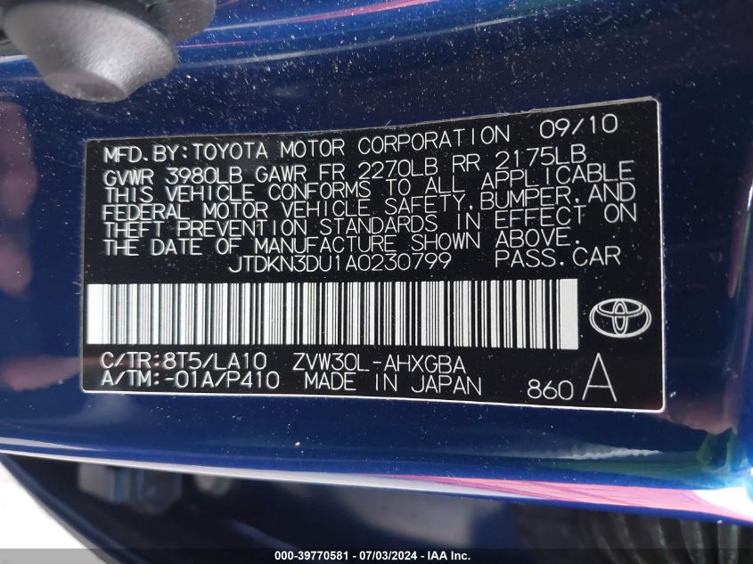 2010 Toyota Prius VIN: JTDKN3DU1A0230799 Lot: 39770581