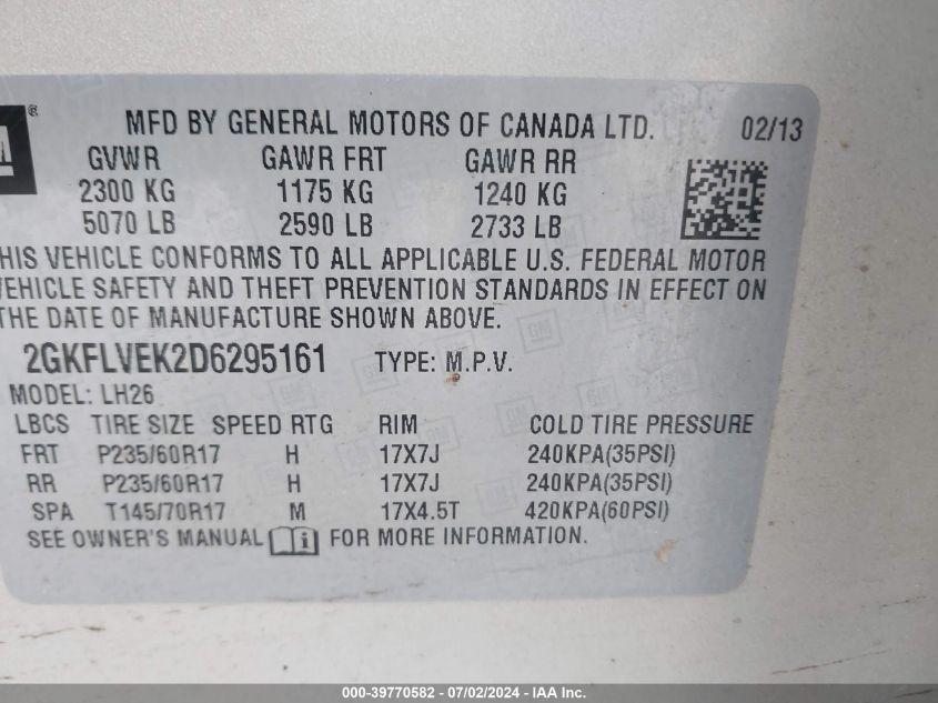 2013 GMC Terrain Slt-1 VIN: 2GKFLVEK2D6295161 Lot: 39770582