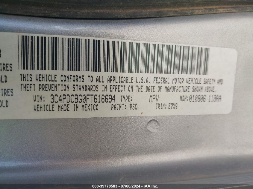 2015 Dodge Journey Sxt VIN: 3C4PDCBG0FT616694 Lot: 39770583