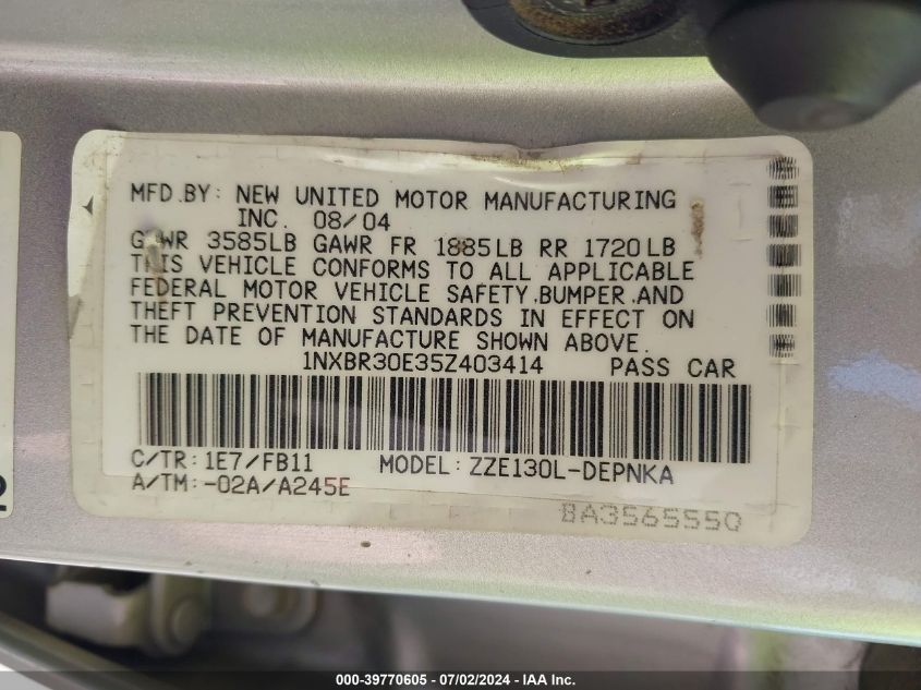 2005 Toyota Corolla Le VIN: 1NXBR30E35Z403414 Lot: 39770605