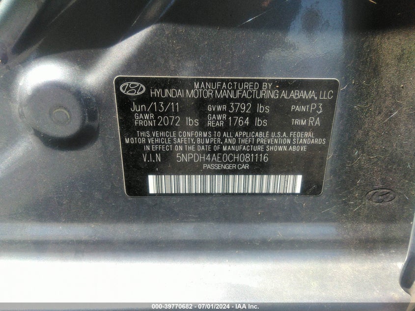 2012 Hyundai Elantra Gls VIN: 5NPDH4AE0CH081116 Lot: 39770682