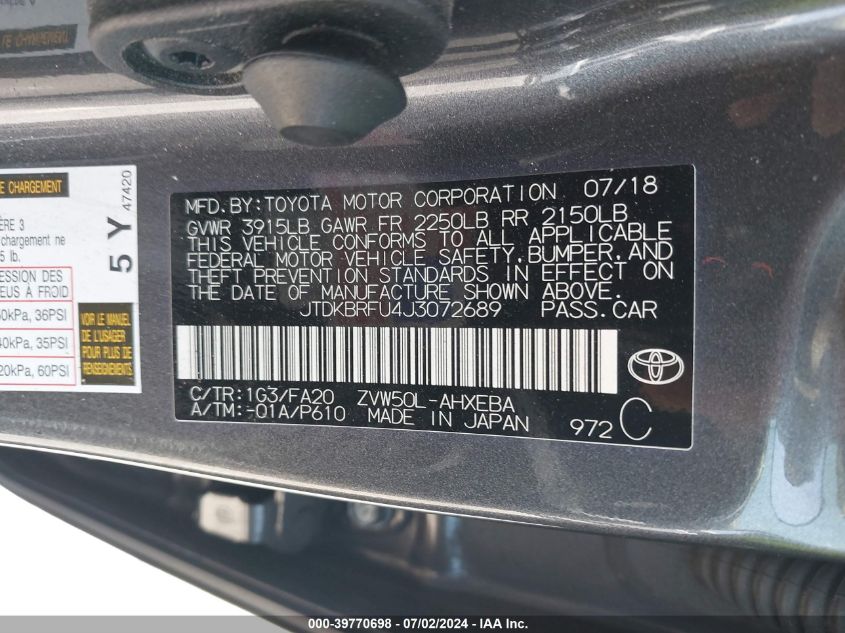 2018 Toyota Prius Two VIN: JTDKBRFU4J3072689 Lot: 39770698