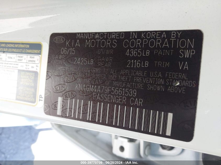 2015 Kia Optima Lx VIN: KNAGM4A79F5661539 Lot: 39770709