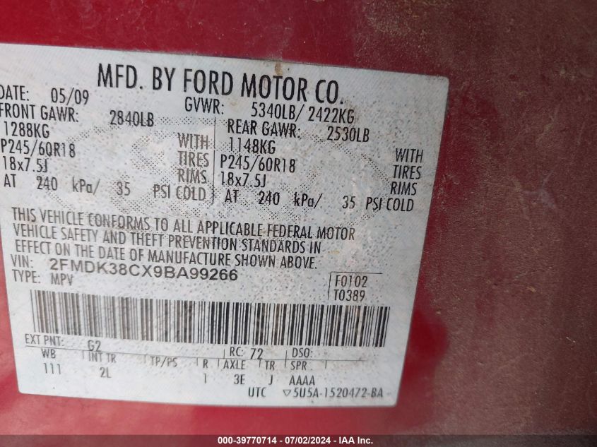 2FMDK38CX9BA99266 2009 Ford Edge Sel