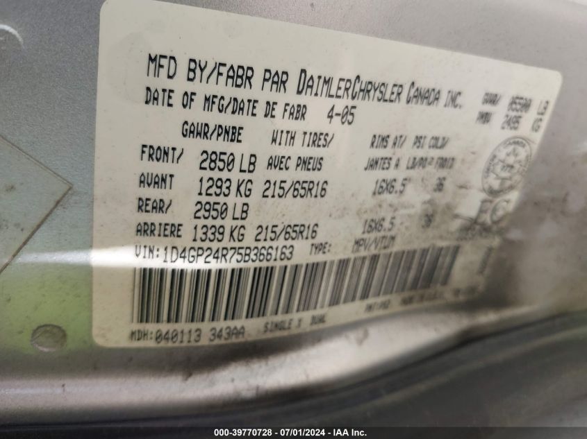 2005 Dodge Grand Caravan VIN: 1D4GP24R75B366163 Lot: 39770728