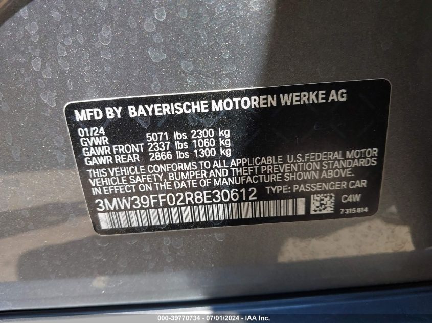 2024 BMW 3 Series 330E VIN: 3MW39FF02R8E30612 Lot: 39770734