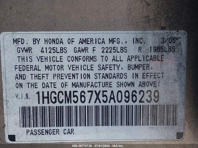 2005 Honda Accord 2.4 Ex VIN: 1HGCM567X5A096239 Lot: 39770735
