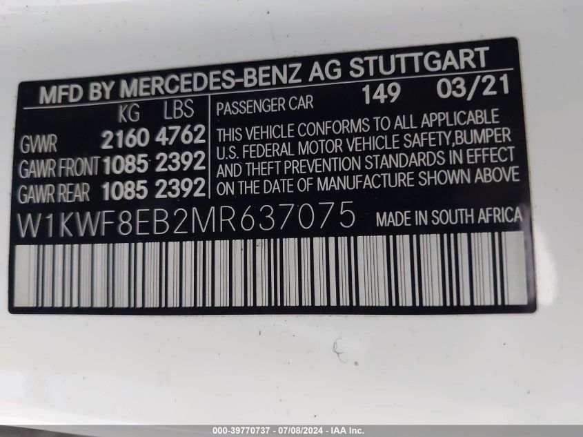 2021 Mercedes-Benz C 300 4Matic VIN: W1KWF8EB2MR637075 Lot: 39770737