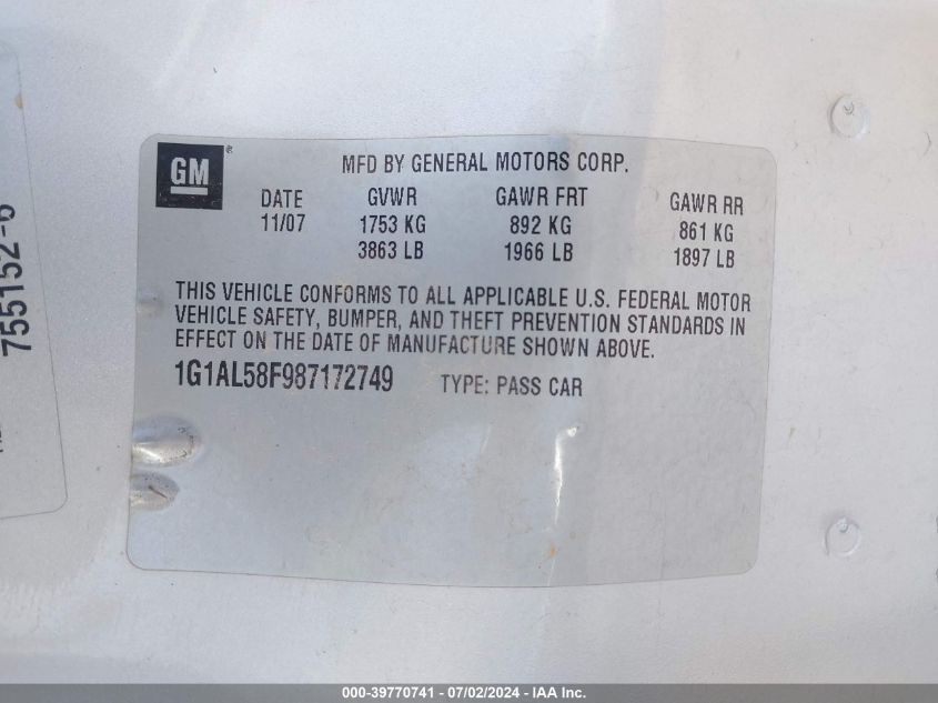 2008 Chevrolet Cobalt Lt VIN: 1G1AL58F987172749 Lot: 39770741