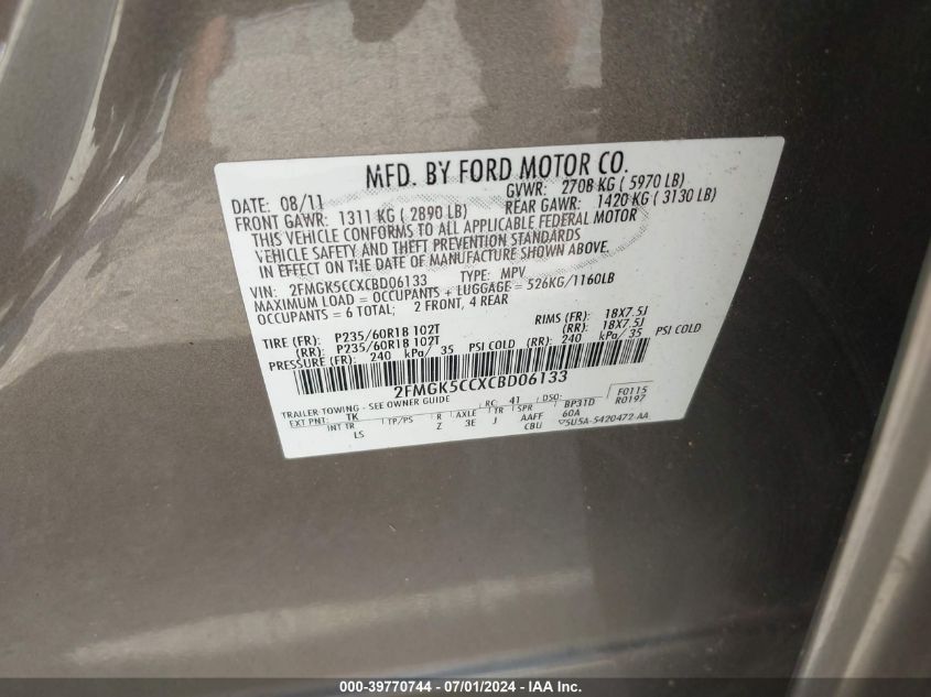 2FMGK5CCXCBD06133 2012 Ford Flex Sel