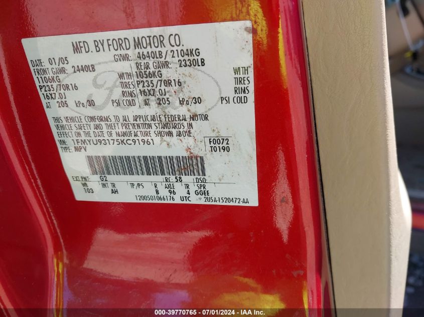 2005 Ford Escape Xlt VIN: 1FMYU93175KC91961 Lot: 39770765