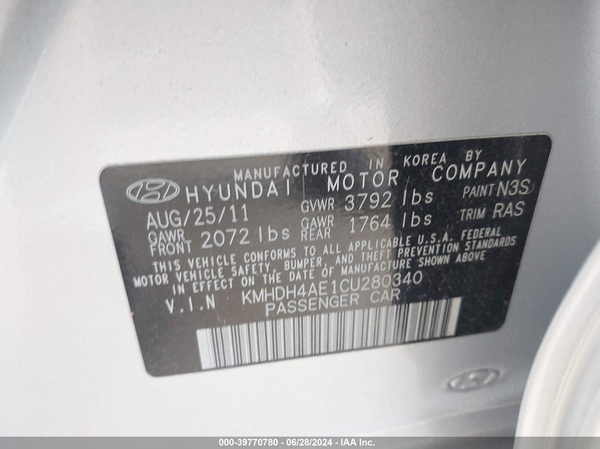 2012 Hyundai Elantra Limited (Ulsan Plant) VIN: KMHDH4AE1CU280340 Lot: 39770780