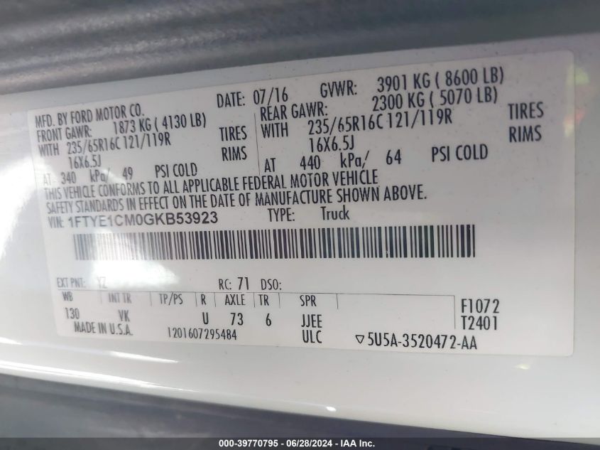 2016 Ford Transit-150 VIN: 1FTYE1CM0GKB53923 Lot: 39770795