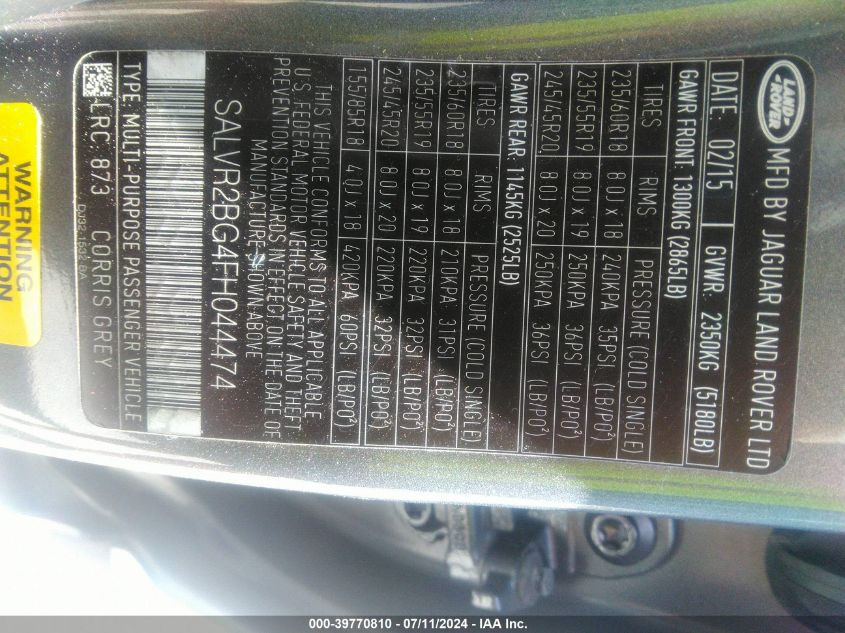 2015 Land Rover Range Rover Evoque Pure VIN: SALVR2BG4FH044474 Lot: 39770810