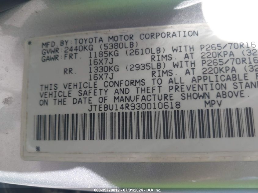 2003 Toyota 4Runner Sr5 V6 VIN: JTEBU14R930010618 Lot: 39770812