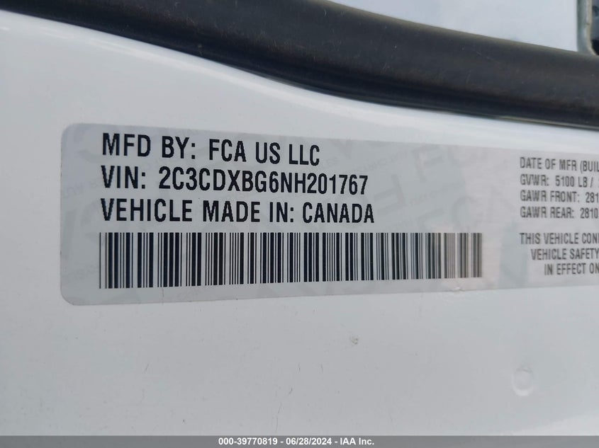 2022 Dodge Charger Sxt Rwd VIN: 2C3CDXBG6NH201767 Lot: 39770819