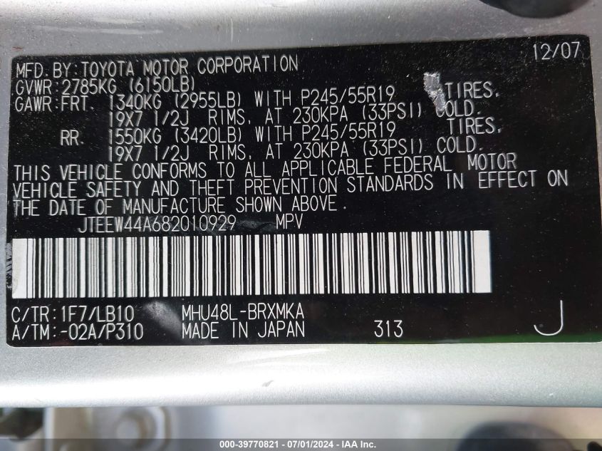 2008 Toyota Highlander Hybrid Limited VIN: JTEEW44A682010929 Lot: 39770821