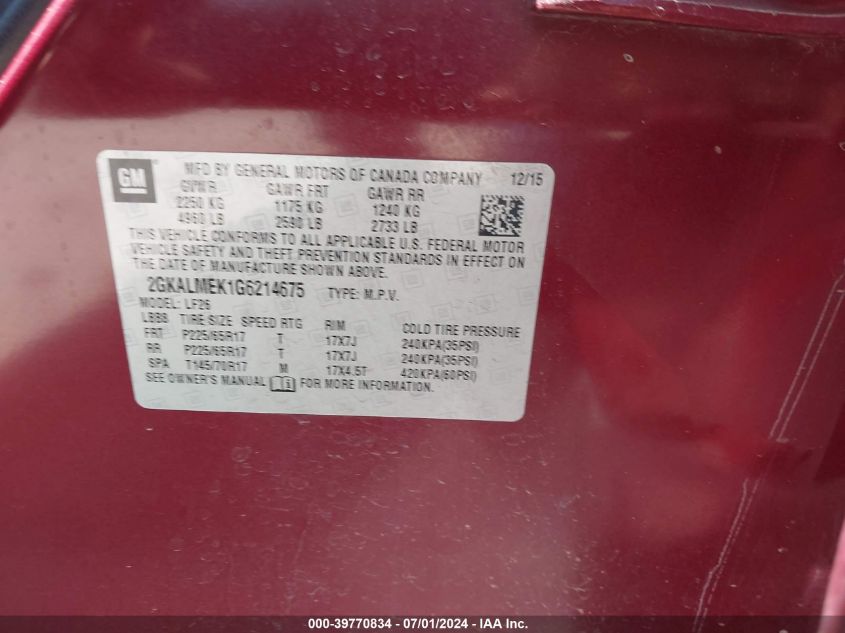 2016 GMC Terrain Sle-1 VIN: 2GKALMEK1G6214675 Lot: 39770834