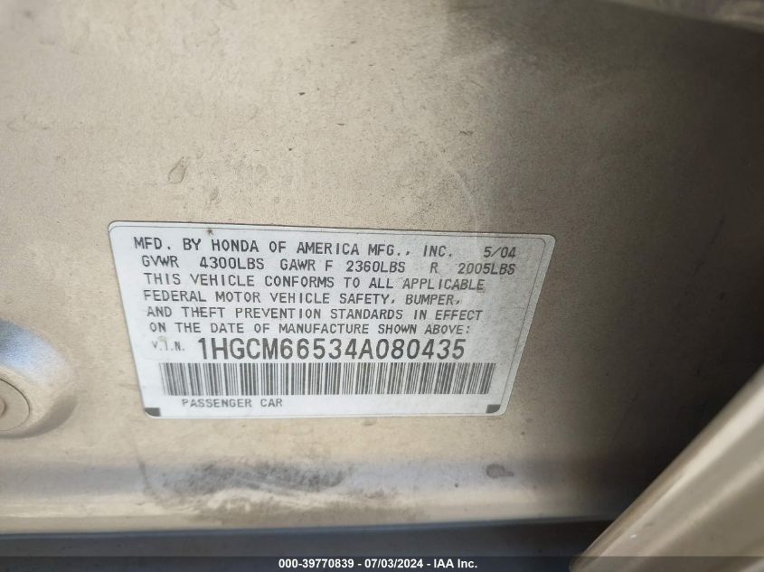 2004 Honda Accord 3.0 Ex VIN: 1HGCM66534A080435 Lot: 39770839
