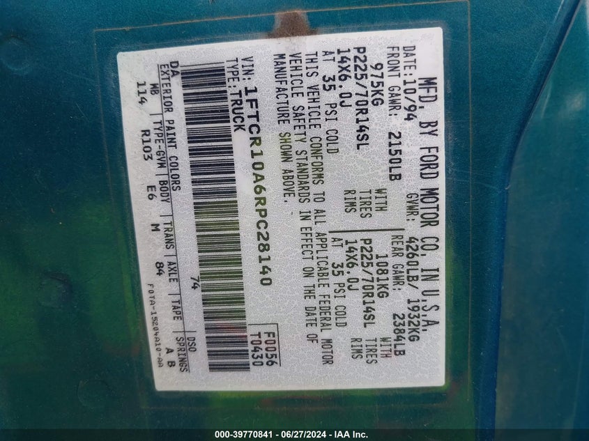 1994 Ford Ranger VIN: 1FTCR10A6RPC28140 Lot: 39770841