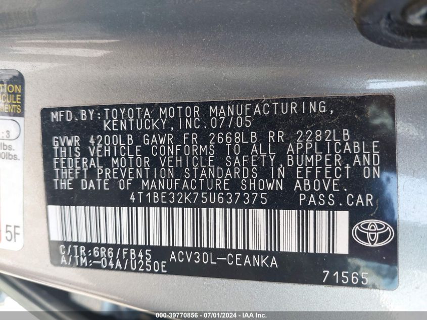 2005 Toyota Camry Le VIN: 4T1BE32K75U637375 Lot: 39770856