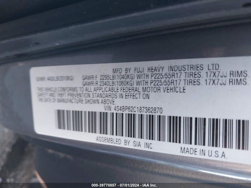 2008 Subaru Outback 2.5I Limited/2.5I Limited L.l. Bean Edition VIN: 4S4BP62C187362870 Lot: 39770857