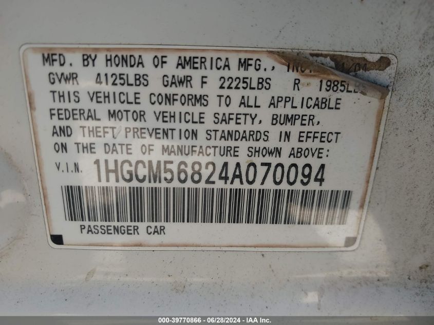 2004 Honda Accord 2.4 Ex VIN: 1HGCM56824A070094 Lot: 39770866