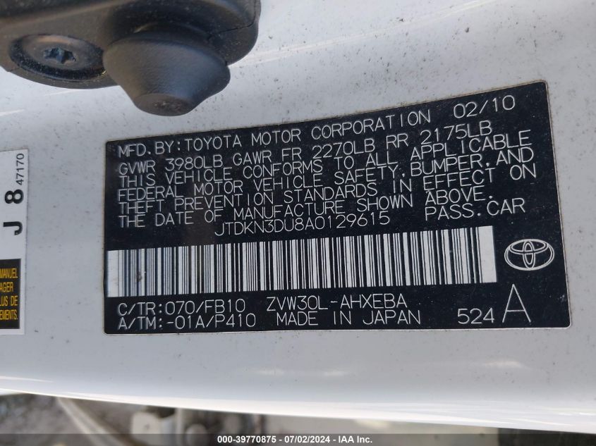 2010 Toyota Prius VIN: JTDKN3DU8A0129615 Lot: 39770875