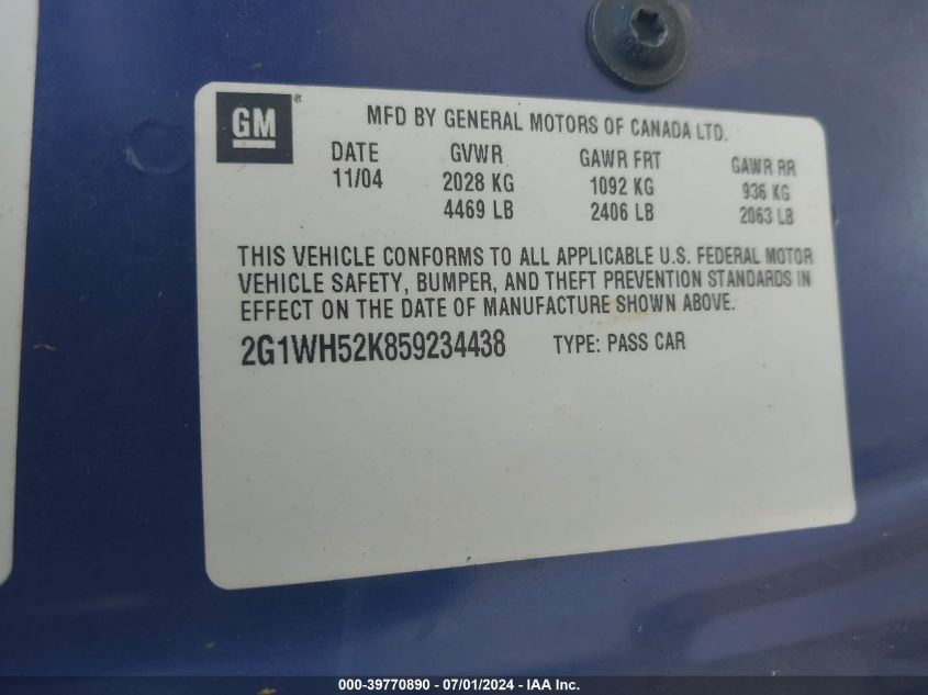 2005 Chevrolet Impala Ls VIN: 2G1WH52K859234438 Lot: 39770890