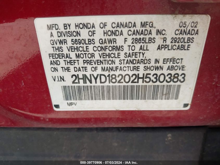 2002 Acura Mdx VIN: 2HNYD18202H530383 Lot: 39770906