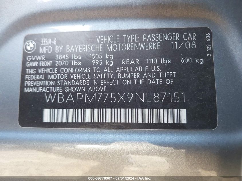 2009 BMW 335I VIN: WBAPM775X9NL87151 Lot: 39770907